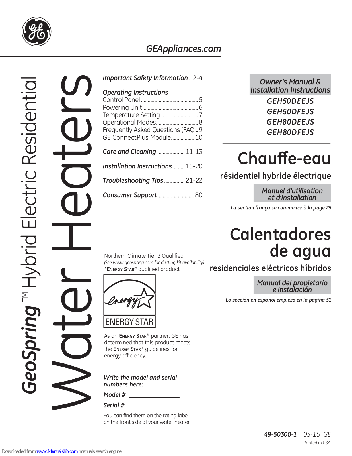 GE GeoSpring GEH50DEEJS, GeoSpring GEH80DEEJSGEH80DFEJS, GeoSpring GEH50DFEJS, GEH50DFEJS, GEH80DEEJS Owner's Manual & Installation Instructions