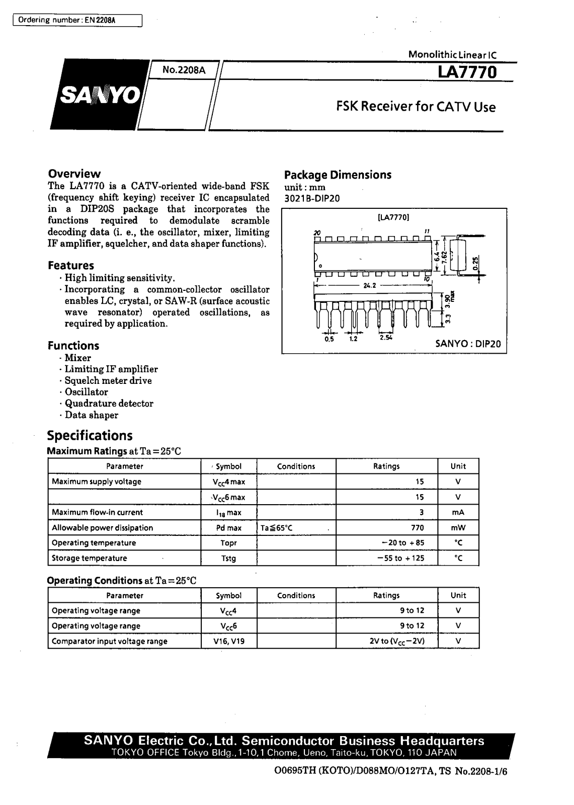 SANYO LA7770 Datasheet