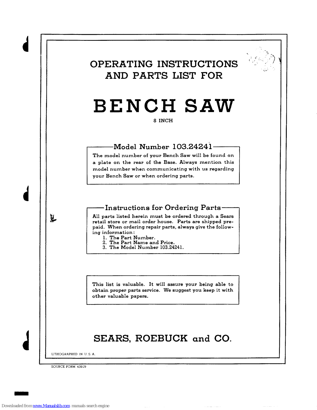 Sears 103.24241 Operating Instructions Manual