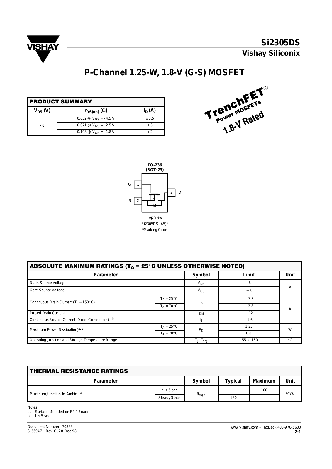 VISHAY Si2305DS Datasheet