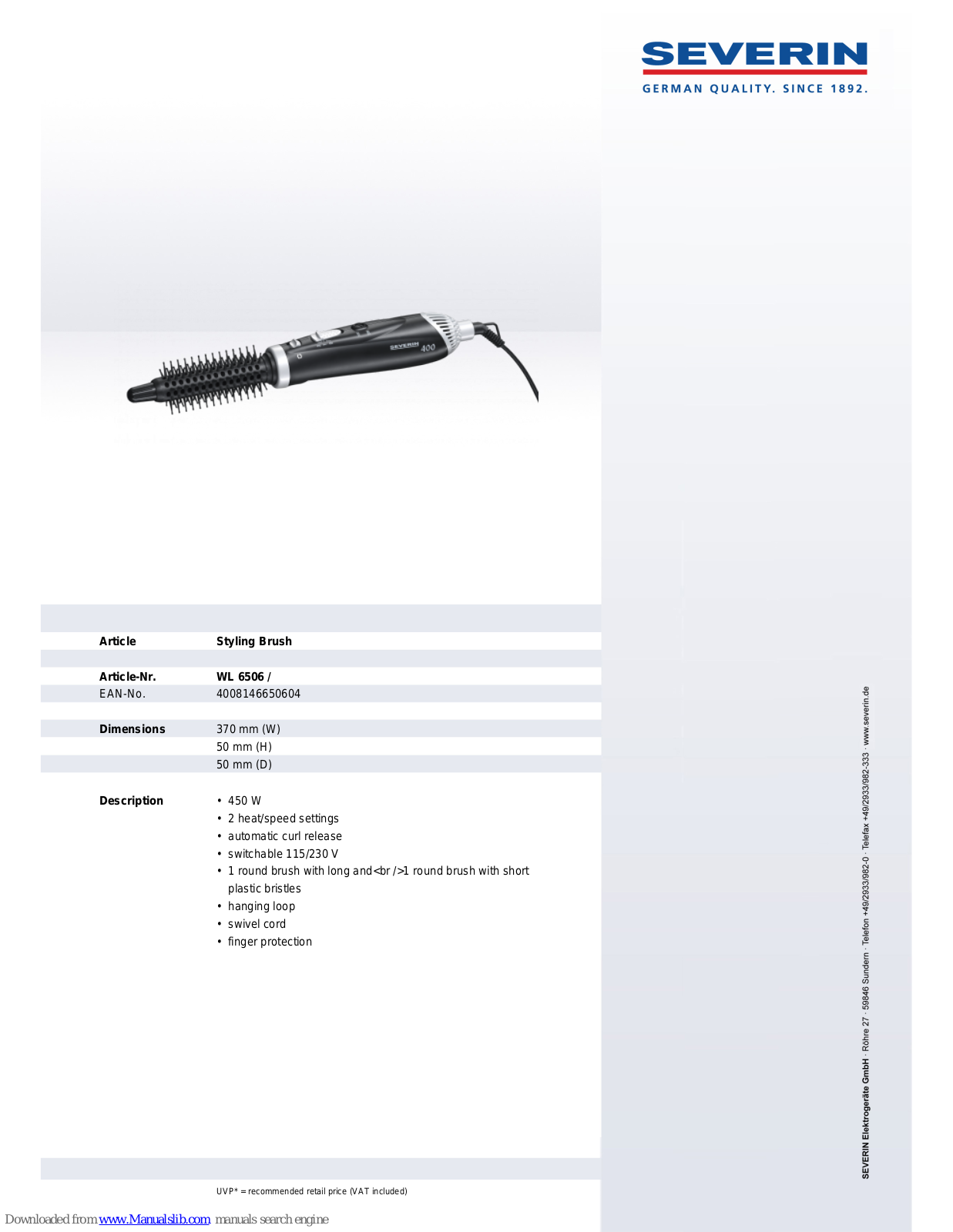 SEVERIN STYLING BRUSH - DATASHEET 2, WL 6506 Dimensions