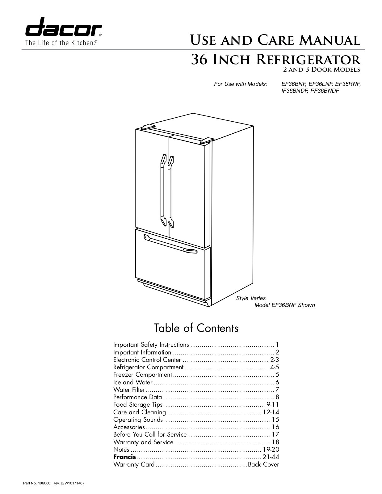 Dacor IF36BNDF, EF36BNF, EF36RNF, EF36LNF, PF36BNDF User Manual