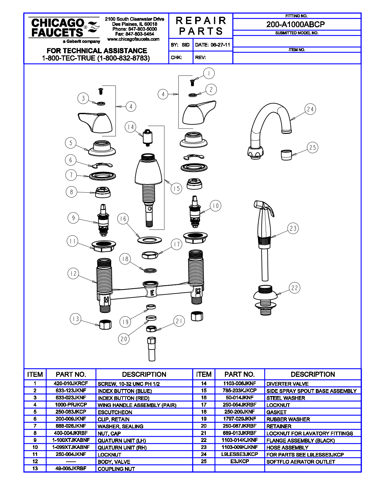 Chicago Faucet 200-A1000AB Parts List