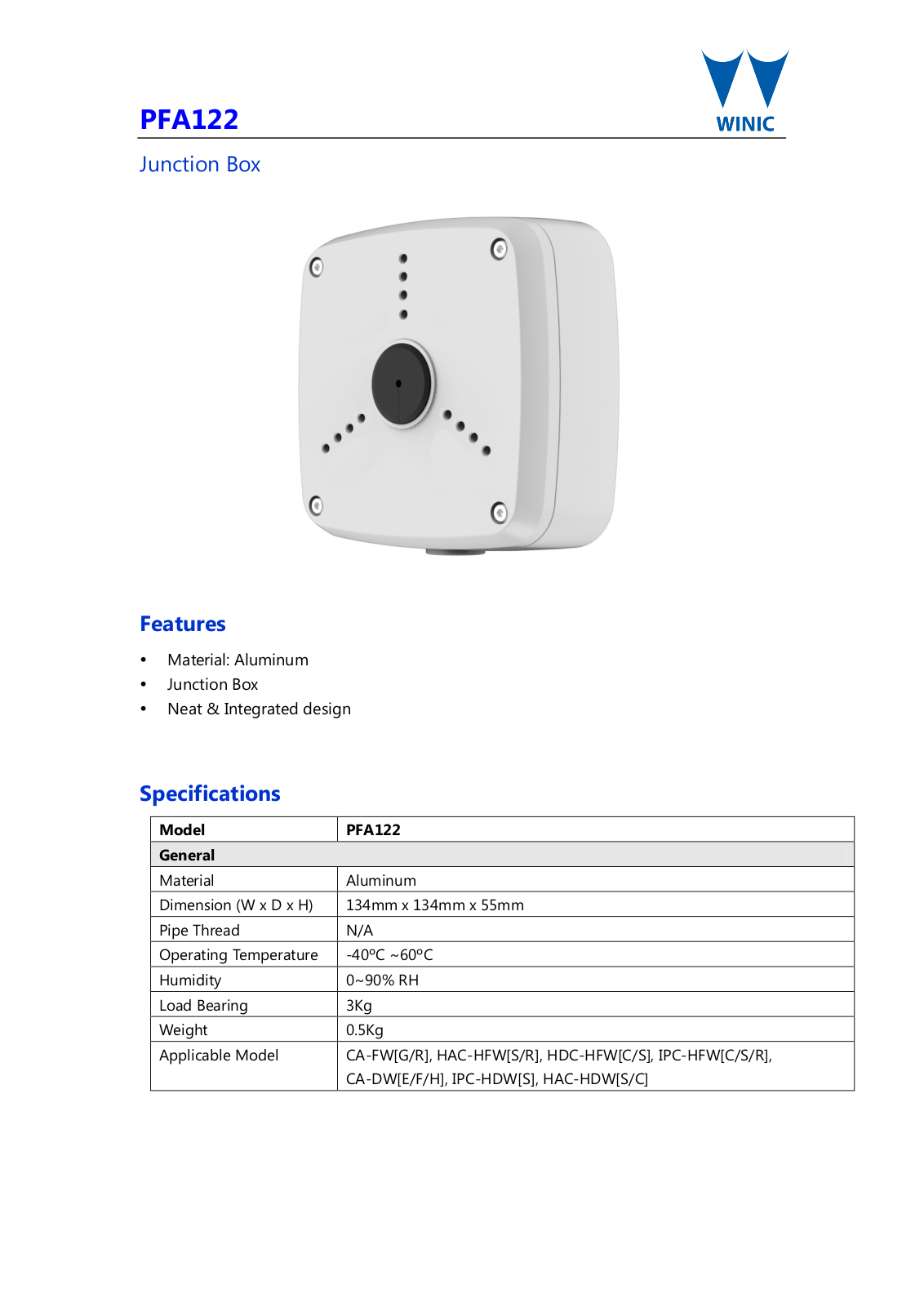 Cantek CT-W-PFA122 Specsheet