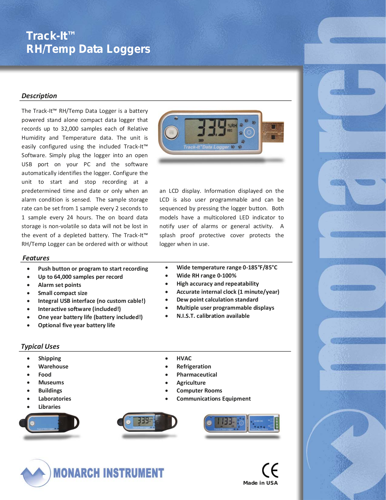 Monarch Instrument RHTemp Track‐It, RHTemp Track‐It LB, RHTemp Track‐It B, RHTemp Track‐It BLB Data Sheet