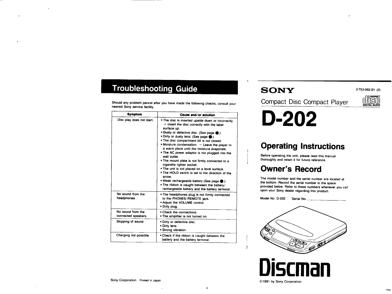 Sony D202 Operating Instructions