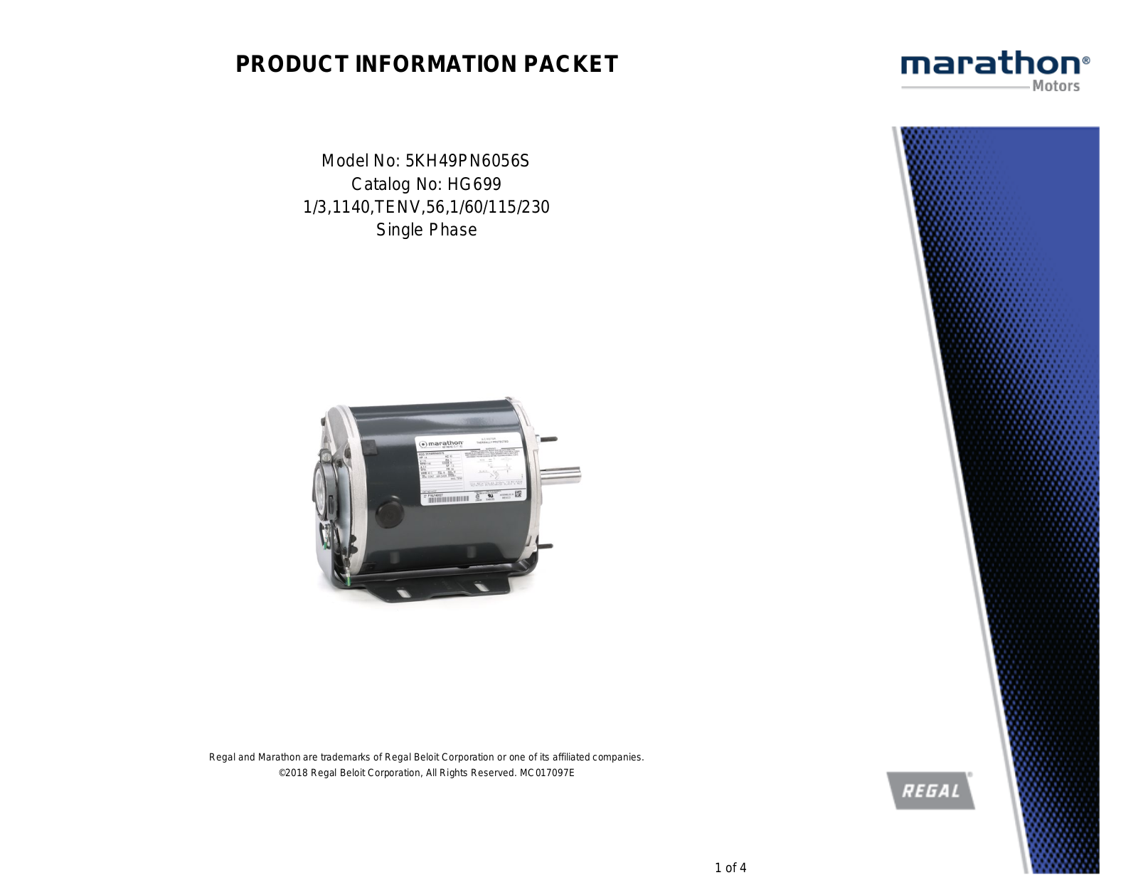 Marathon Electric 5KH49PN6056S Product Information Packet