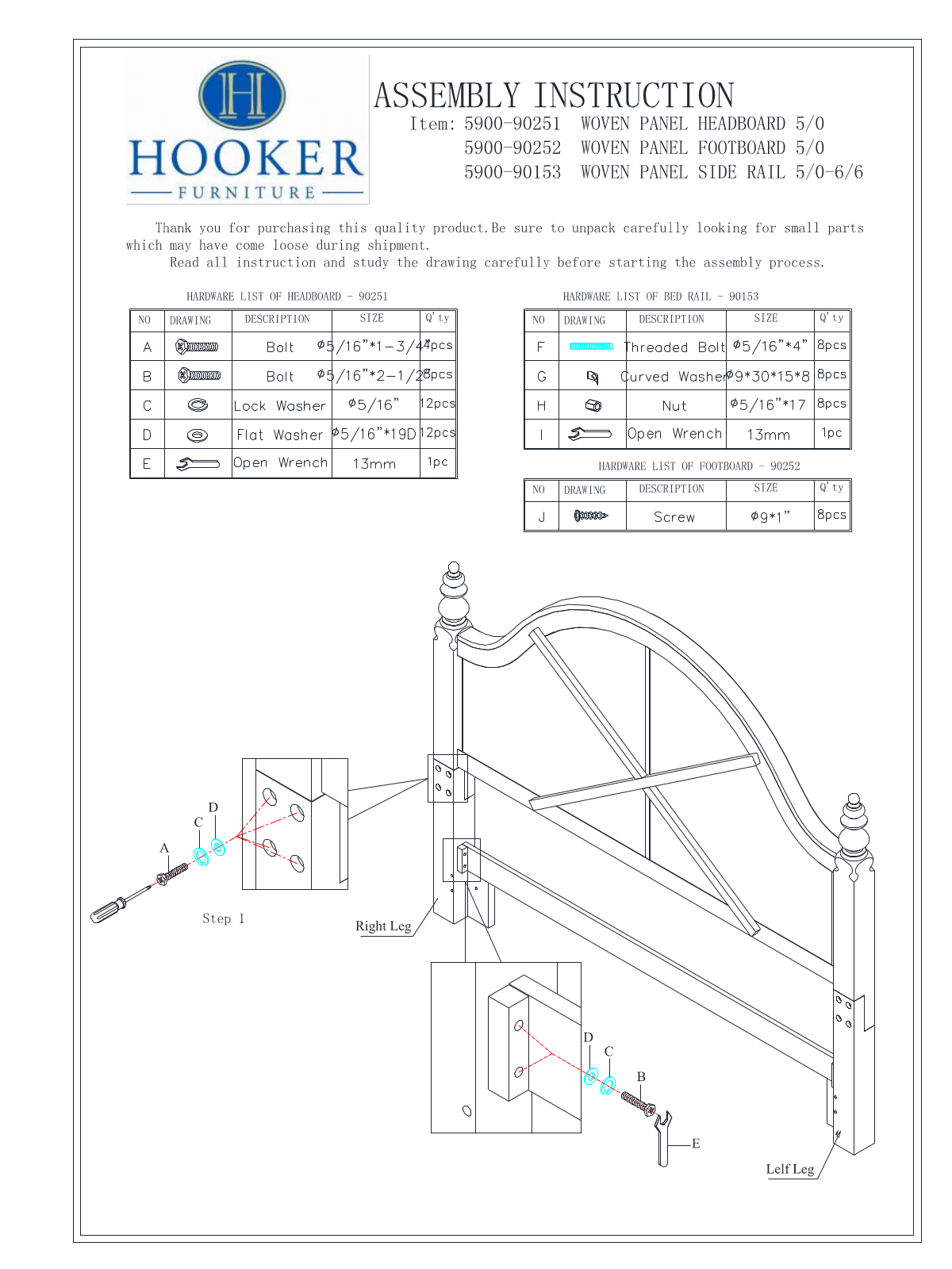 Hooker Furniture 5900902WWH Assembly Guide