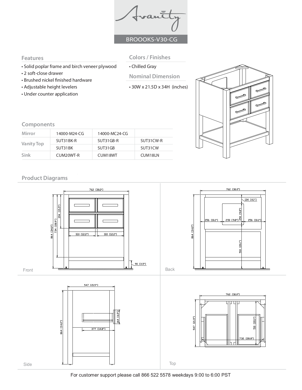 Avanity BROOKSVS30WTA, BROOKSVS30WTC, BROOKSVS30CGC, BROOKSVS30CGB, BROOKSVS30CGA Diagram