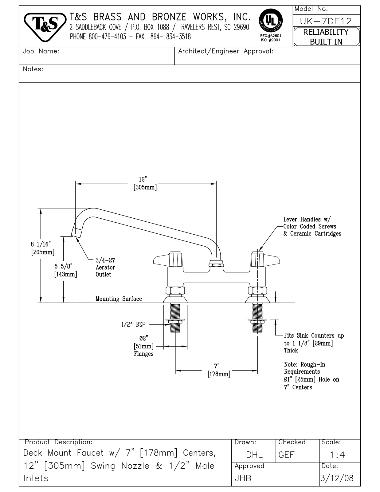 T&S Brass UK-7DF12 User Manual