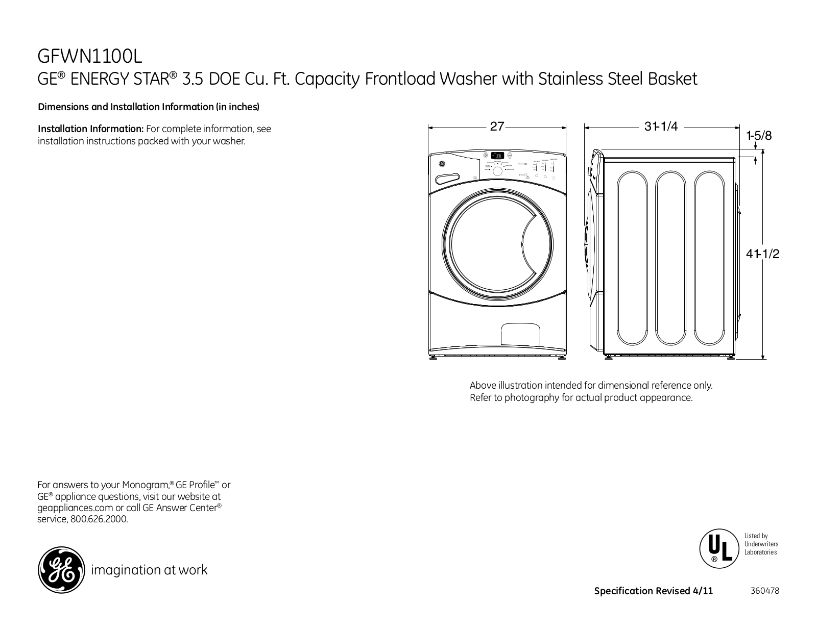 GE GFWN1100L Specification