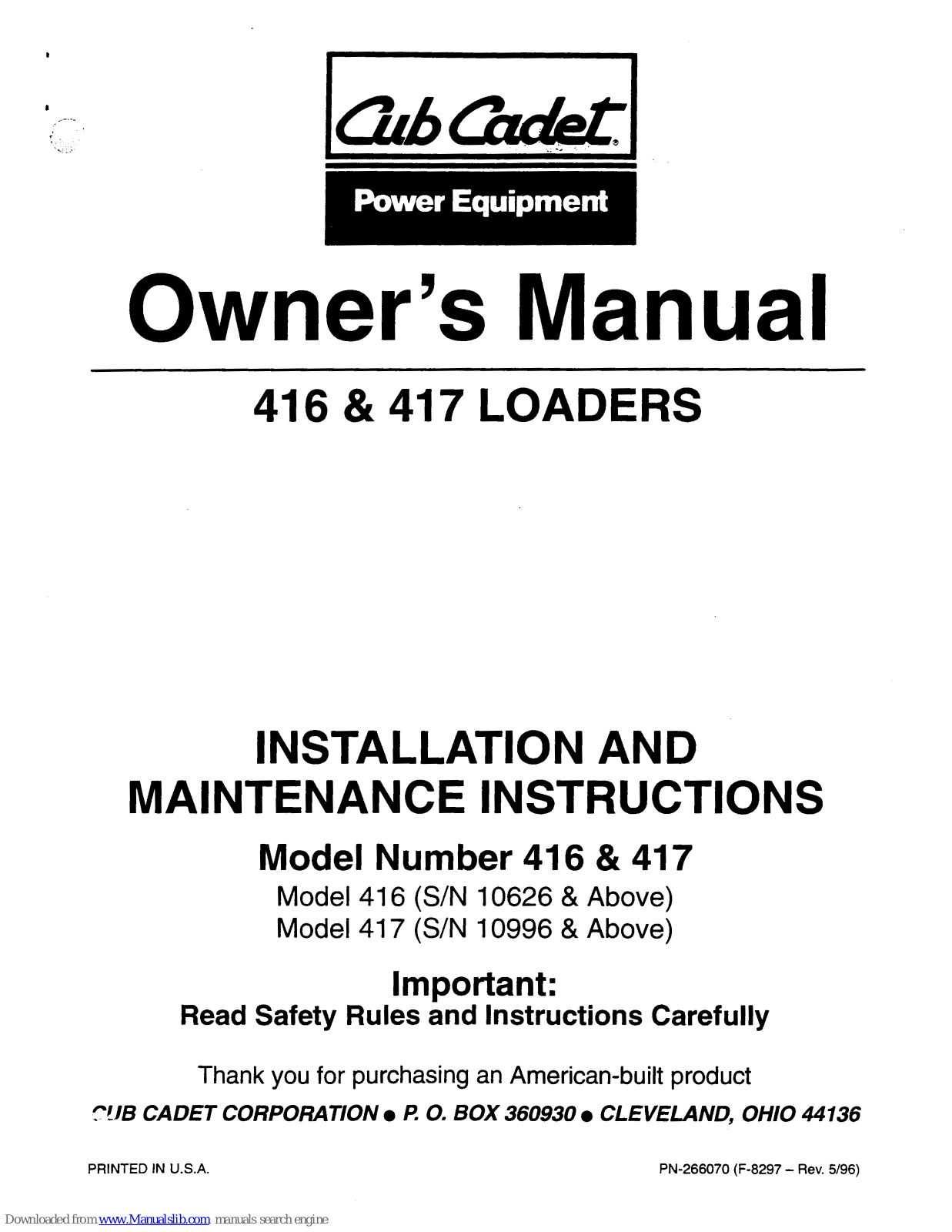 Cub Cadet 416, 417 Owner's Manual