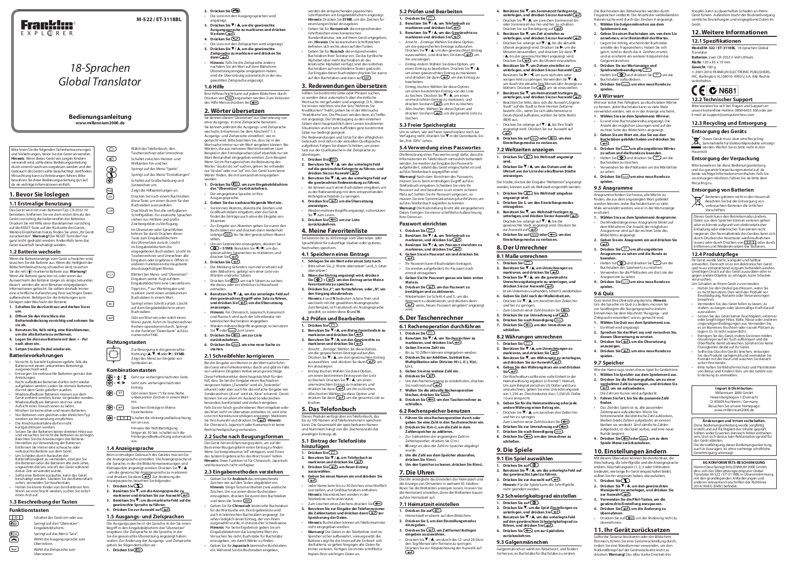 Franklin M-522, ET-3118BL User guide