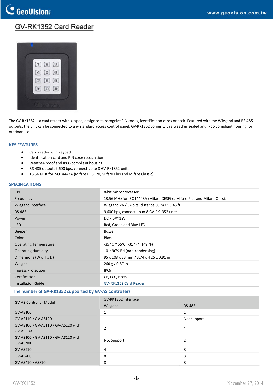 Geovision GV‐RK1352 Specsheet