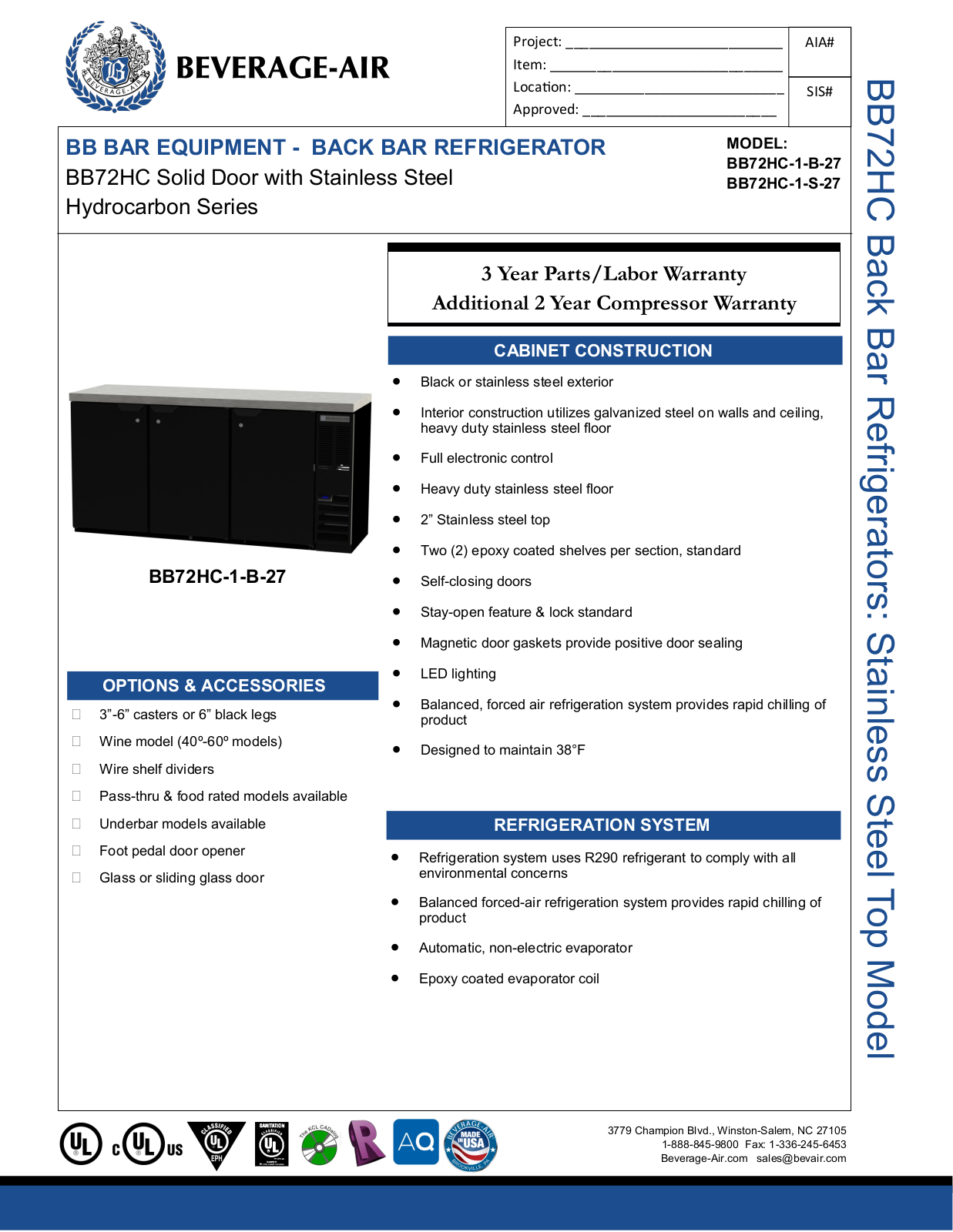 Beverage-Air BB72HC1B27, BB72HC1FB27, BB72HC1FS27, BB72HC1S27 Specifications