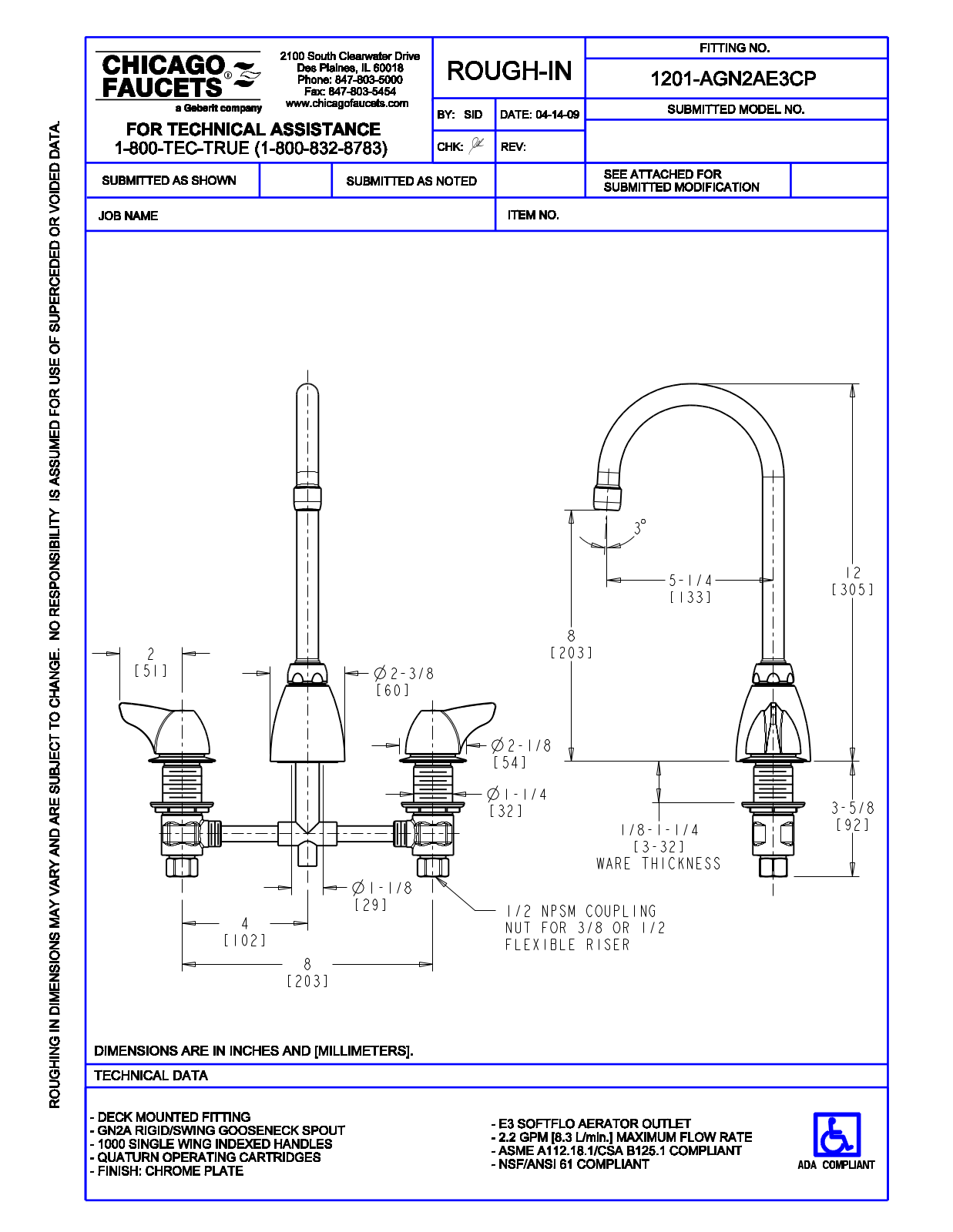 Chicago Faucet 1201-AGN2AE3CP User Manual