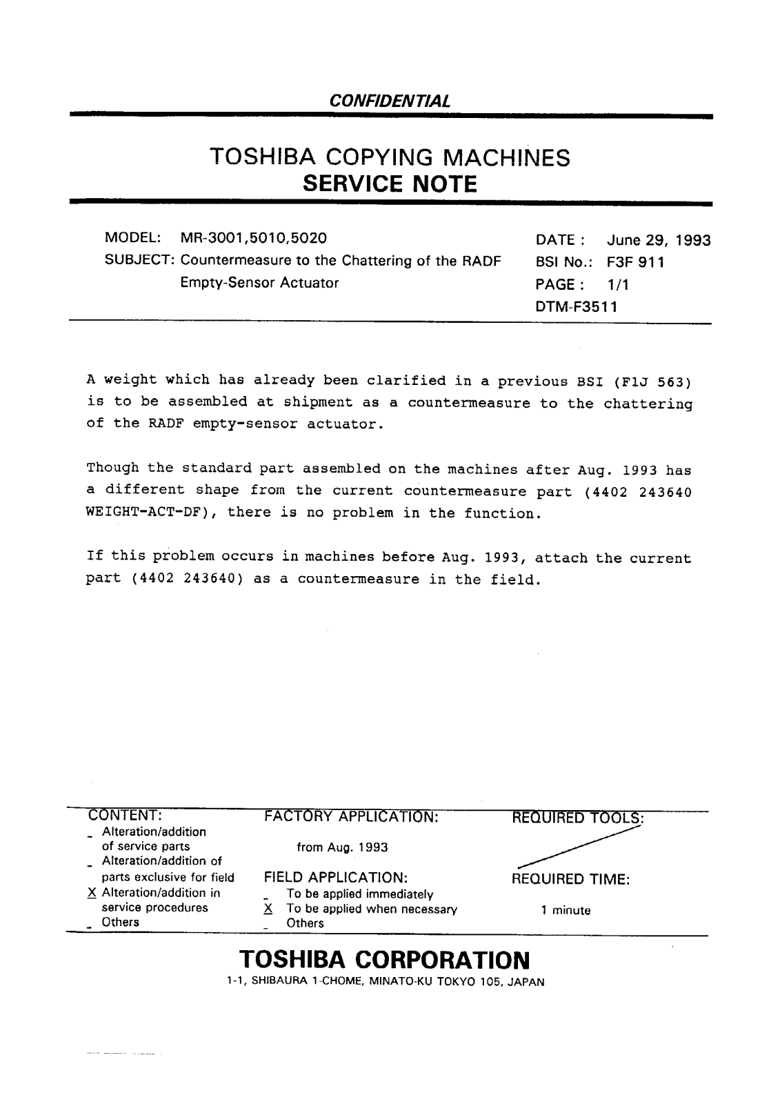 Toshiba f3f911 Service Note