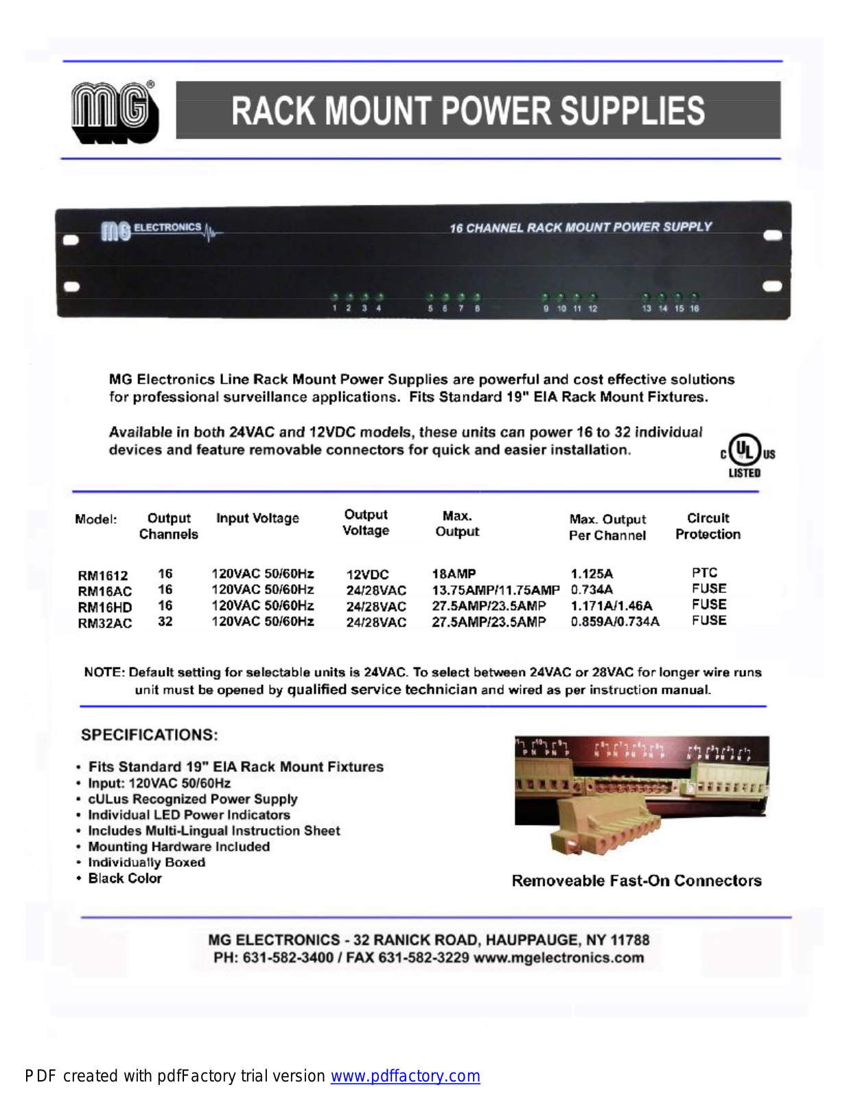 MG Electronics RM-16-AC Specsheet