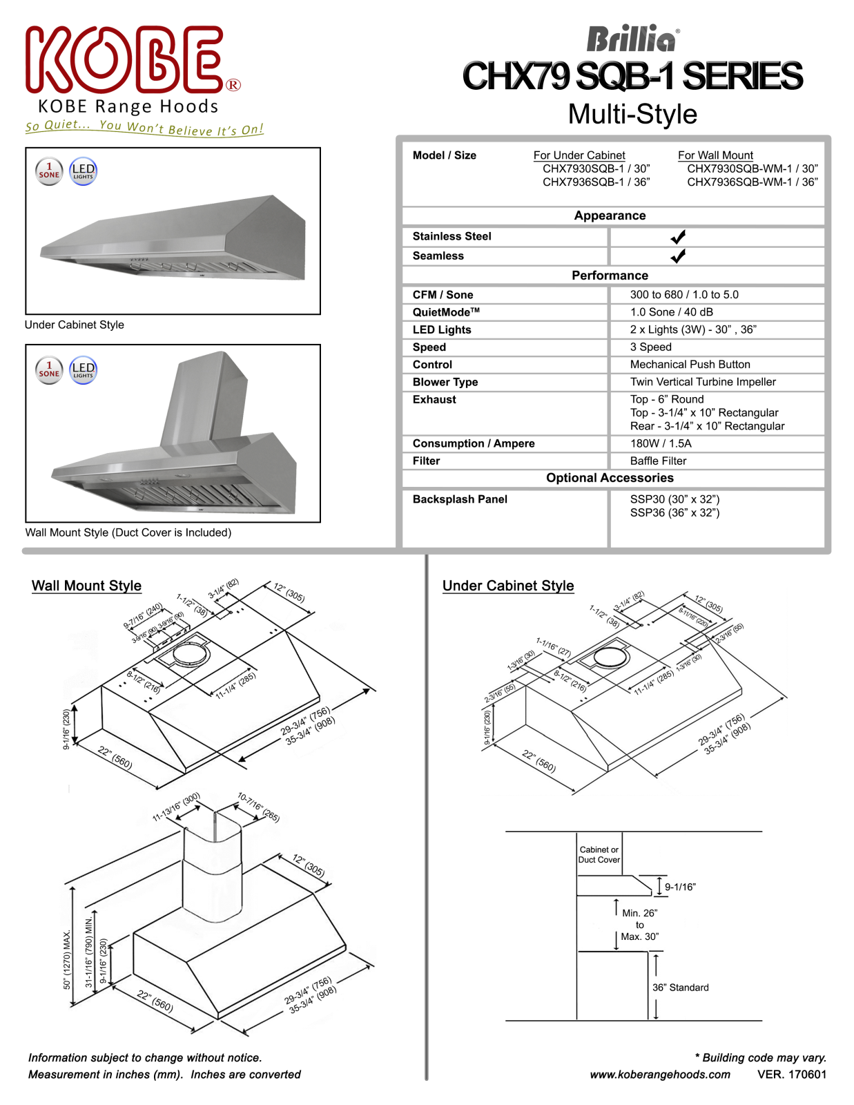 Kobe CHX7936SQBWM1, CHX7930SQB1 Specifications