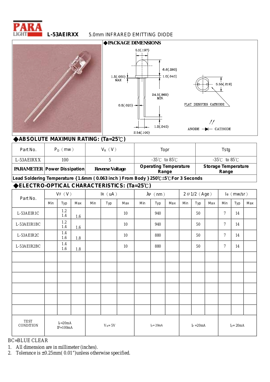 Datasheet L-53AEIR1C, L-53AEIR1BC, L-53AEIR2C, L-53AEIR2BC Datasheet (PARA) - ManualMachine.com