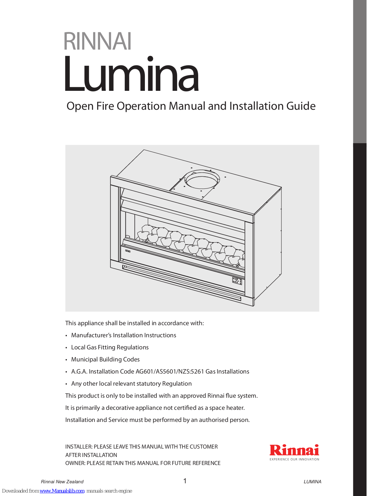 Rinnai LUMINA800BL, LUMINA1000BL, LUMINA800BN, LUMINA1000BN, LUMINA800SSL Operation Manual And Installation Manual