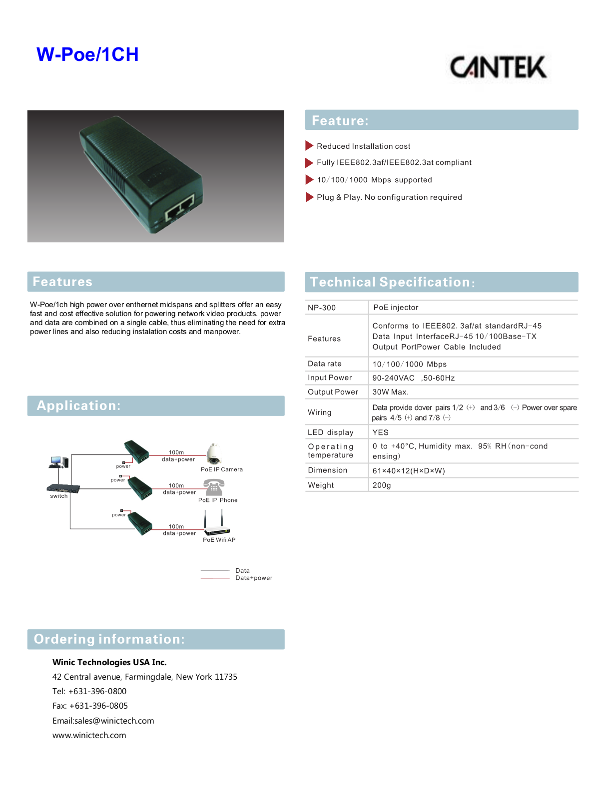 Cantek CT-W-POE-1CH Specsheet