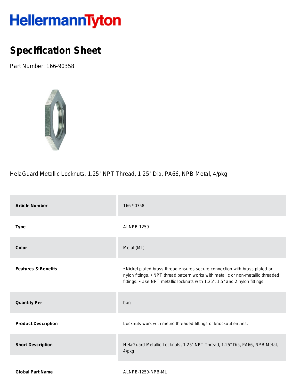 HellermannTyton 166-90358 Specification Sheet
