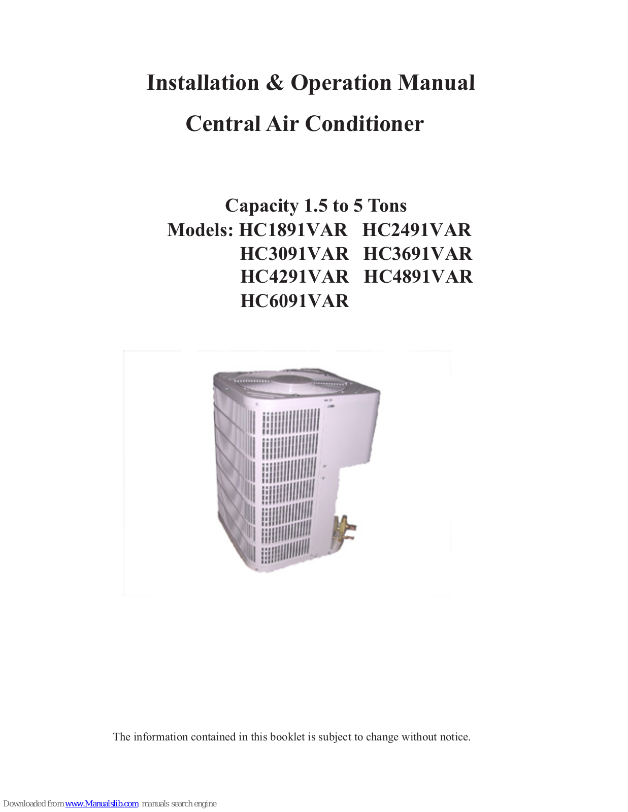 Haier HC2491VAR, HC3091VAR, HC3691VAR, HC4291VAR, HC4891VAR Installation & Operation Manual