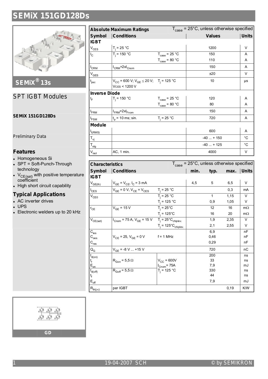 Semikron SEMIX151GD128DS Data Sheet