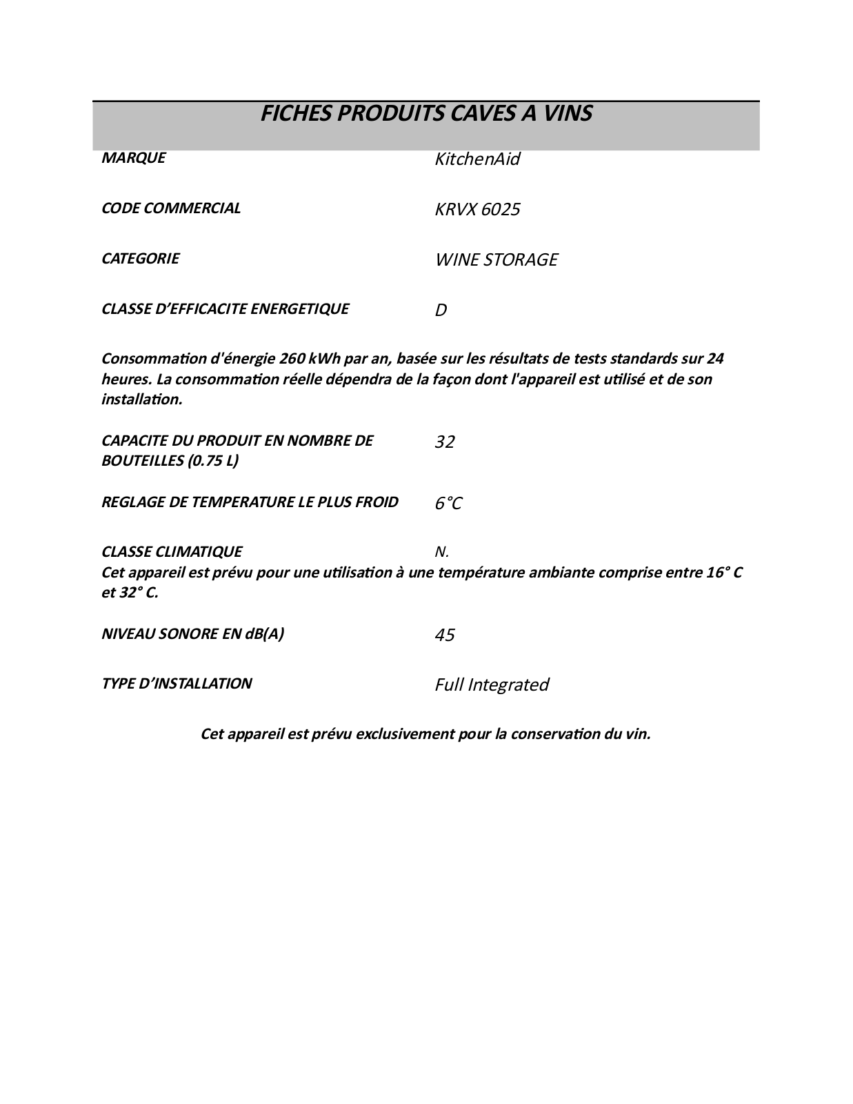 Whirlpool KRVX 6025 PRODUCT SHEET