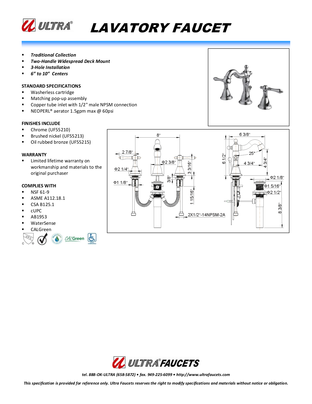 Ultra Faucets LTR10035 Specifications - ManualMachine.com