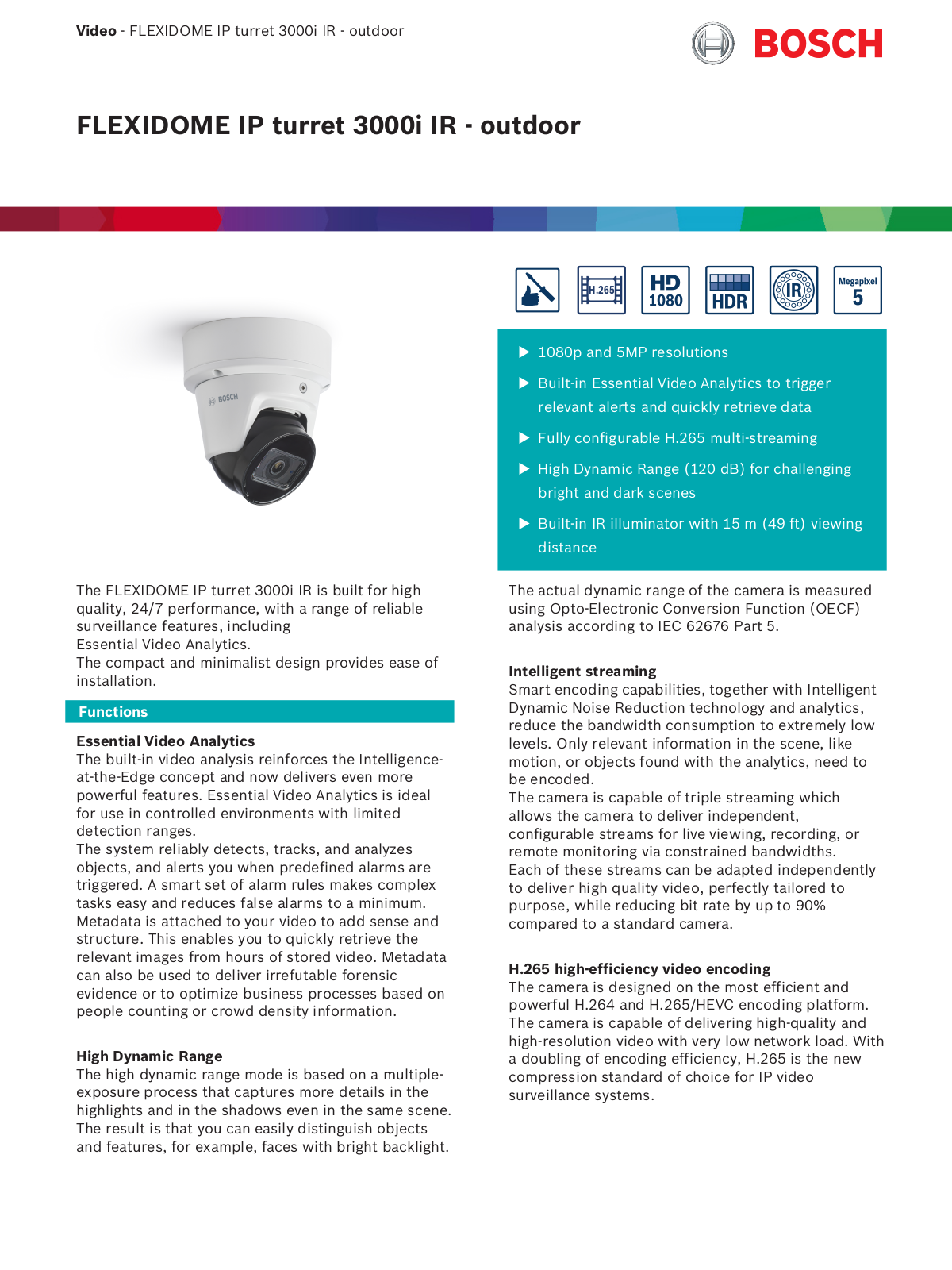 Bosch FLEXIDOME IP turret 3000i IR - outdoor Datasheet