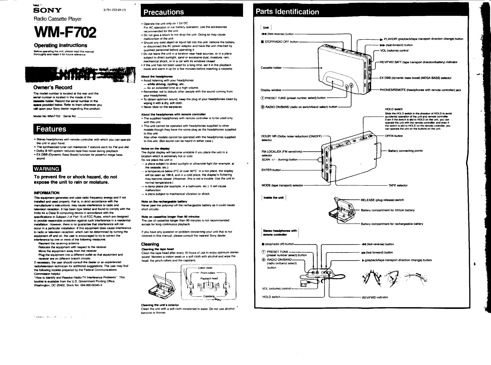 Sony WM-F702 User Manual