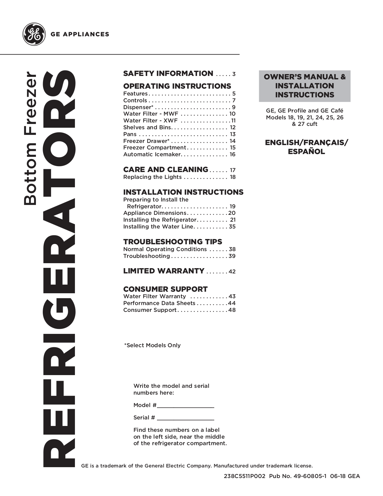 GE GWE19JSLSS, GWE19JGLWW, GWE19JGLBB, GWE19JMLES INSTALLATION INSTRUCTIONS AND OPERATION MANUAL