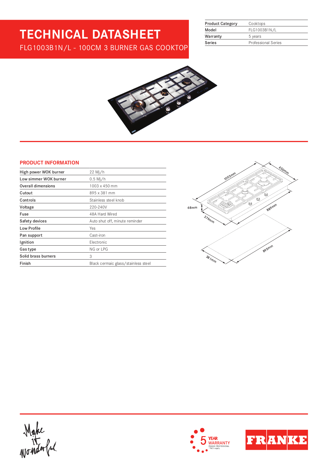 Franke FLG1003B1N, FLG1003B1L Specifications Sheet