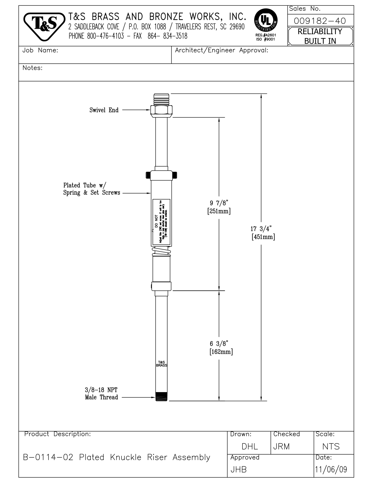 T & S Brass & Bronze Works 009182-40 General Manual