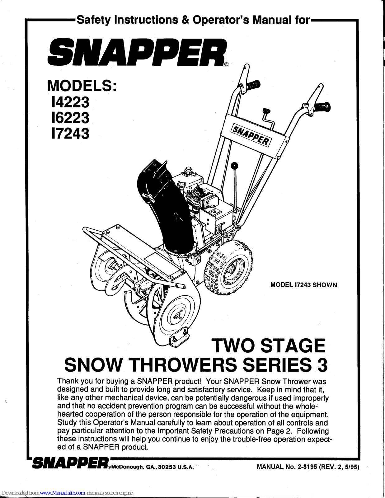 Snapper 14223,16223,17223,I4223,I6223,I7223 Safety Instructions & Operator's Manual