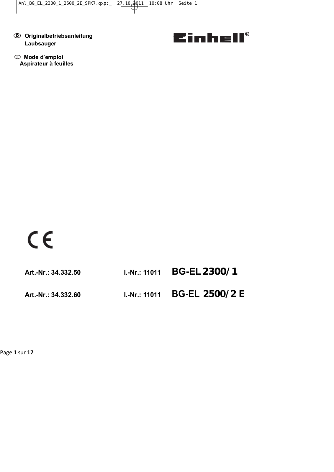 Einhell BG-EL 2300/1, BG-EL 2500/2 E User guide