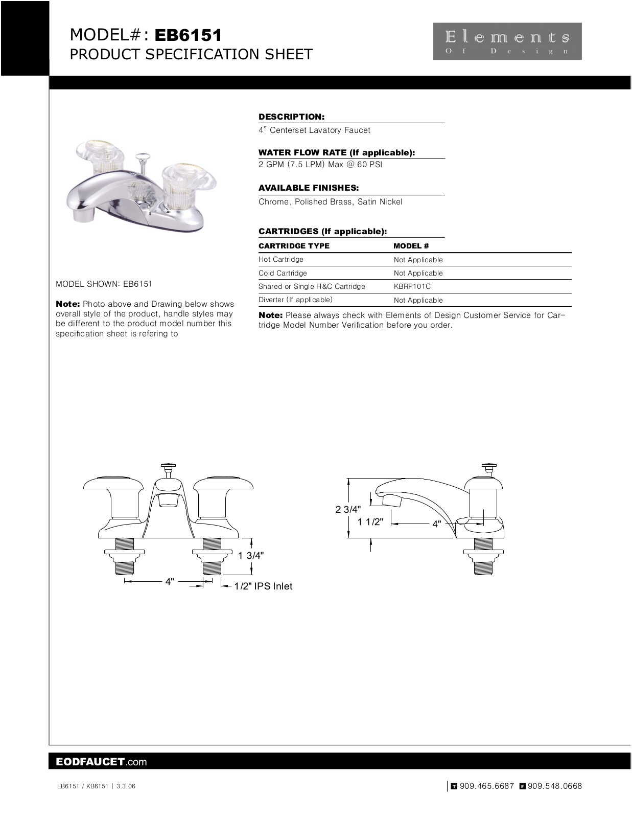 Elements of Design EDE2026 Specification Sheet - ManualMachine.com