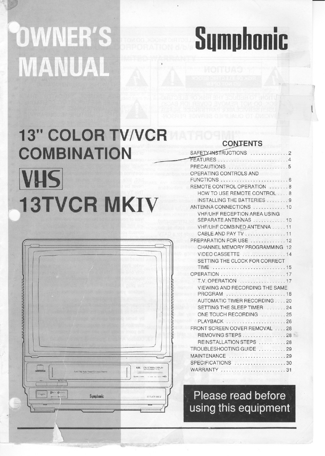 Symphonic 13TVCRMKIV User Manual