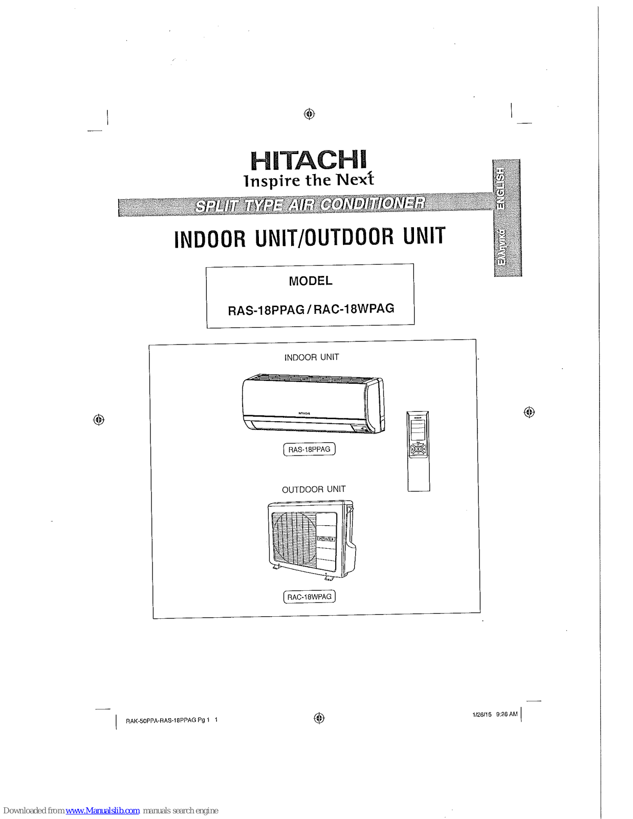 Hitachi RAS-18PPAG, RAC-18WPAG Instruction Manual