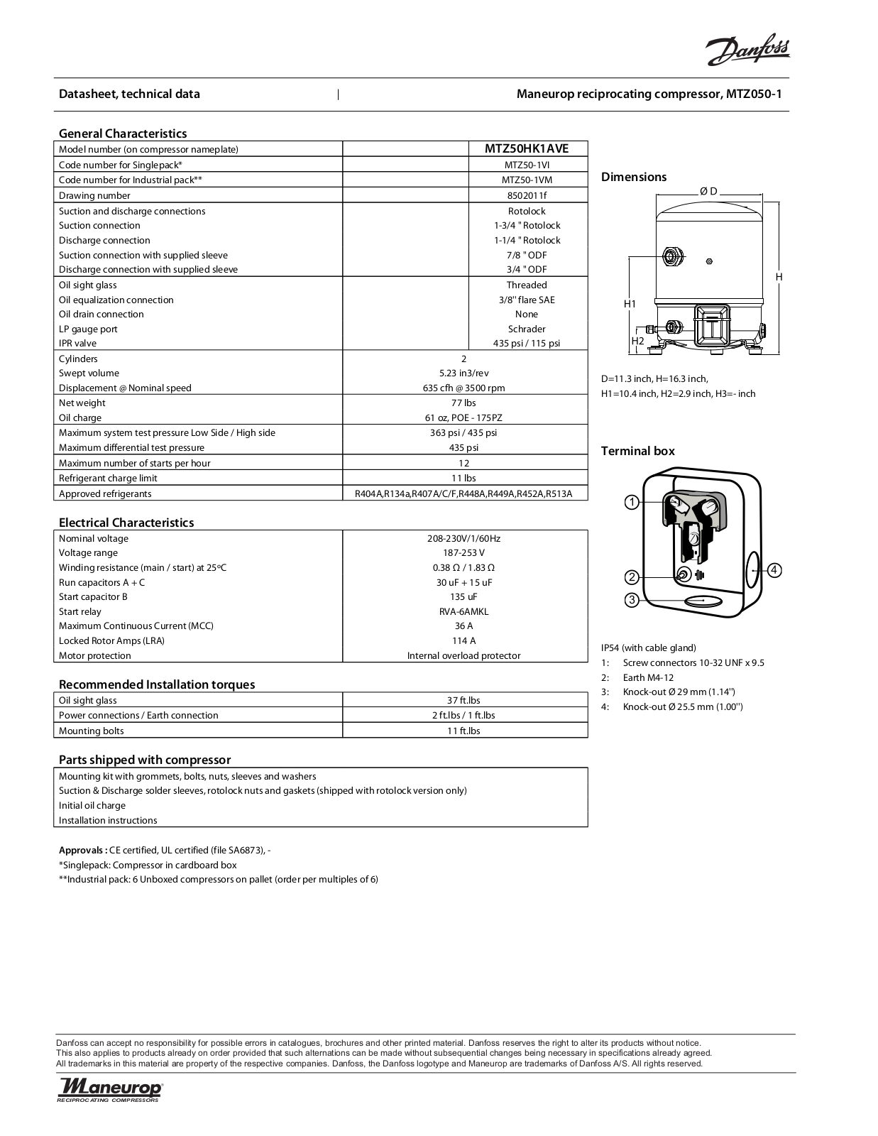 Danfoss Electronics MTZ050-1 Data Sheet