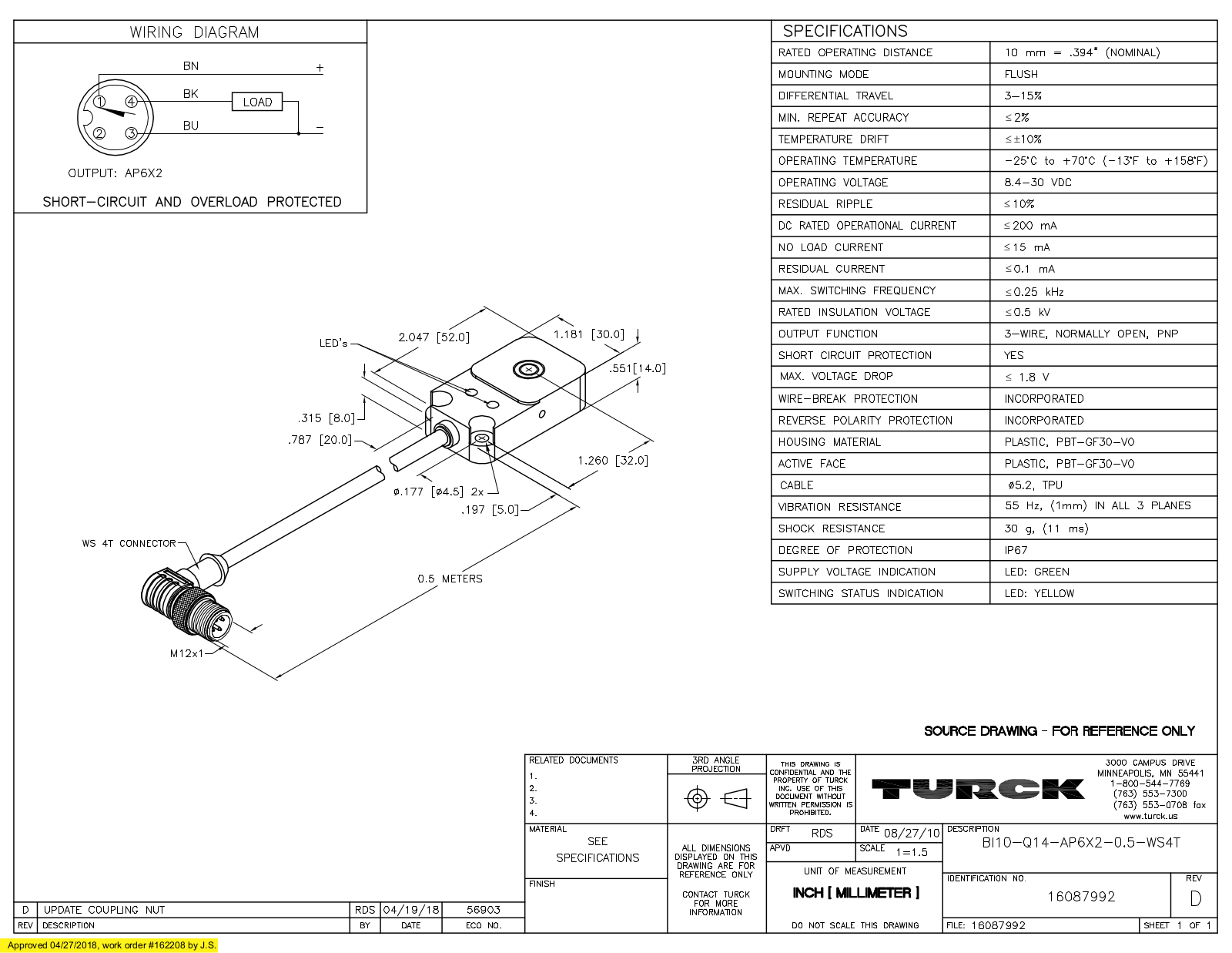 Turck BI10-Q14-AP6X2-0.5-WS4T Data Sheet