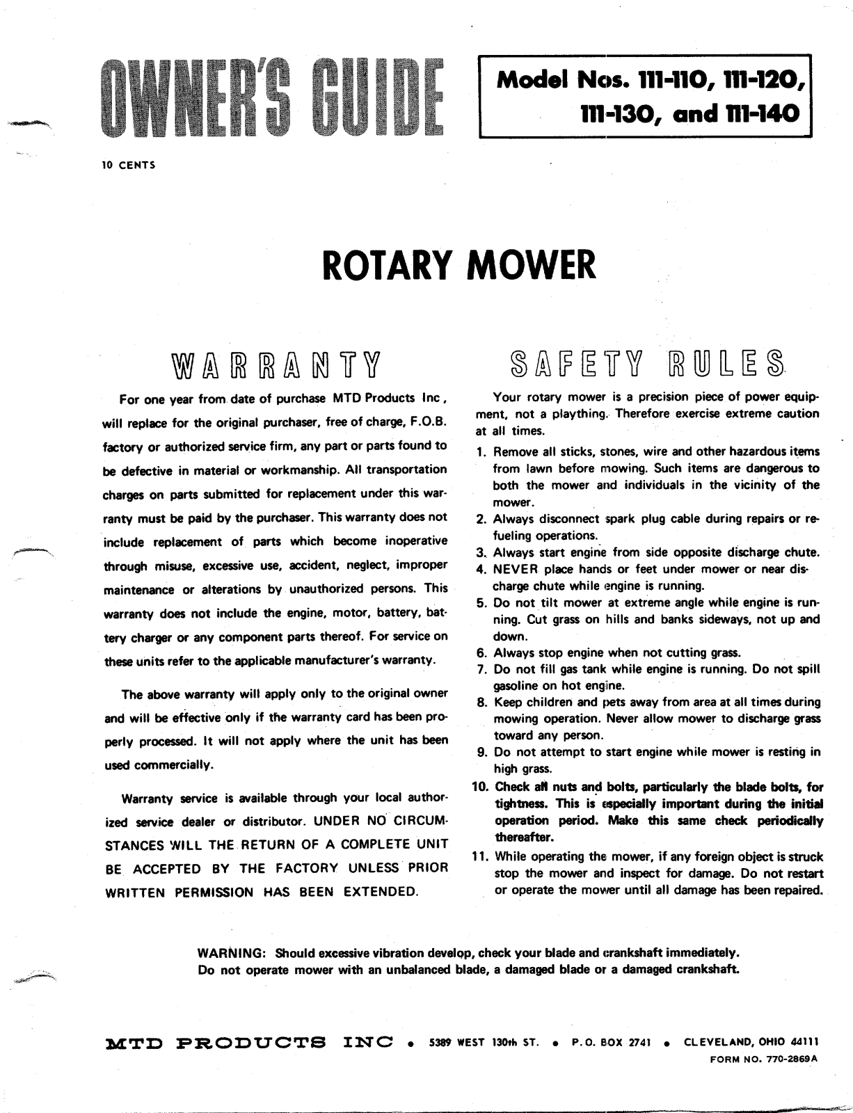 MTD 111-130, 111-120, 111-140 User Manual