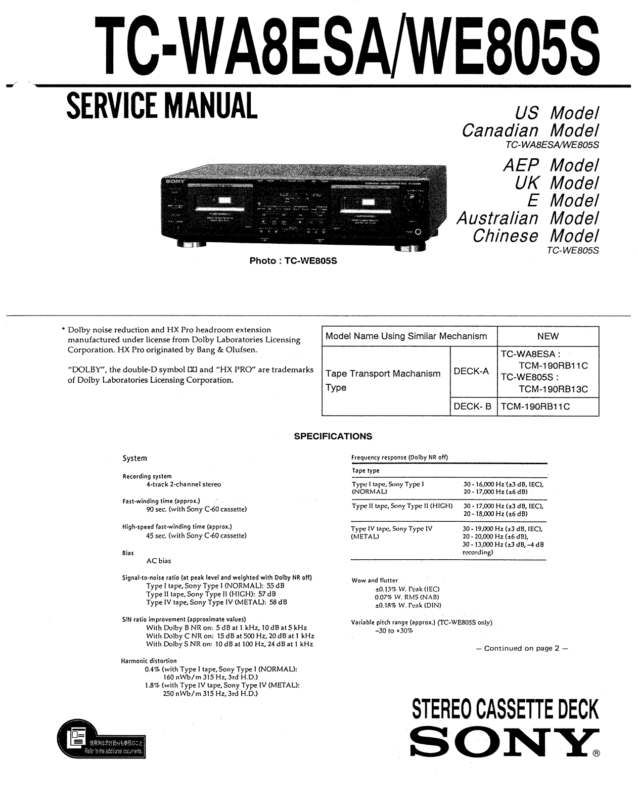 Sony TCWA-8-ESA, TCWE-805-S Service manual