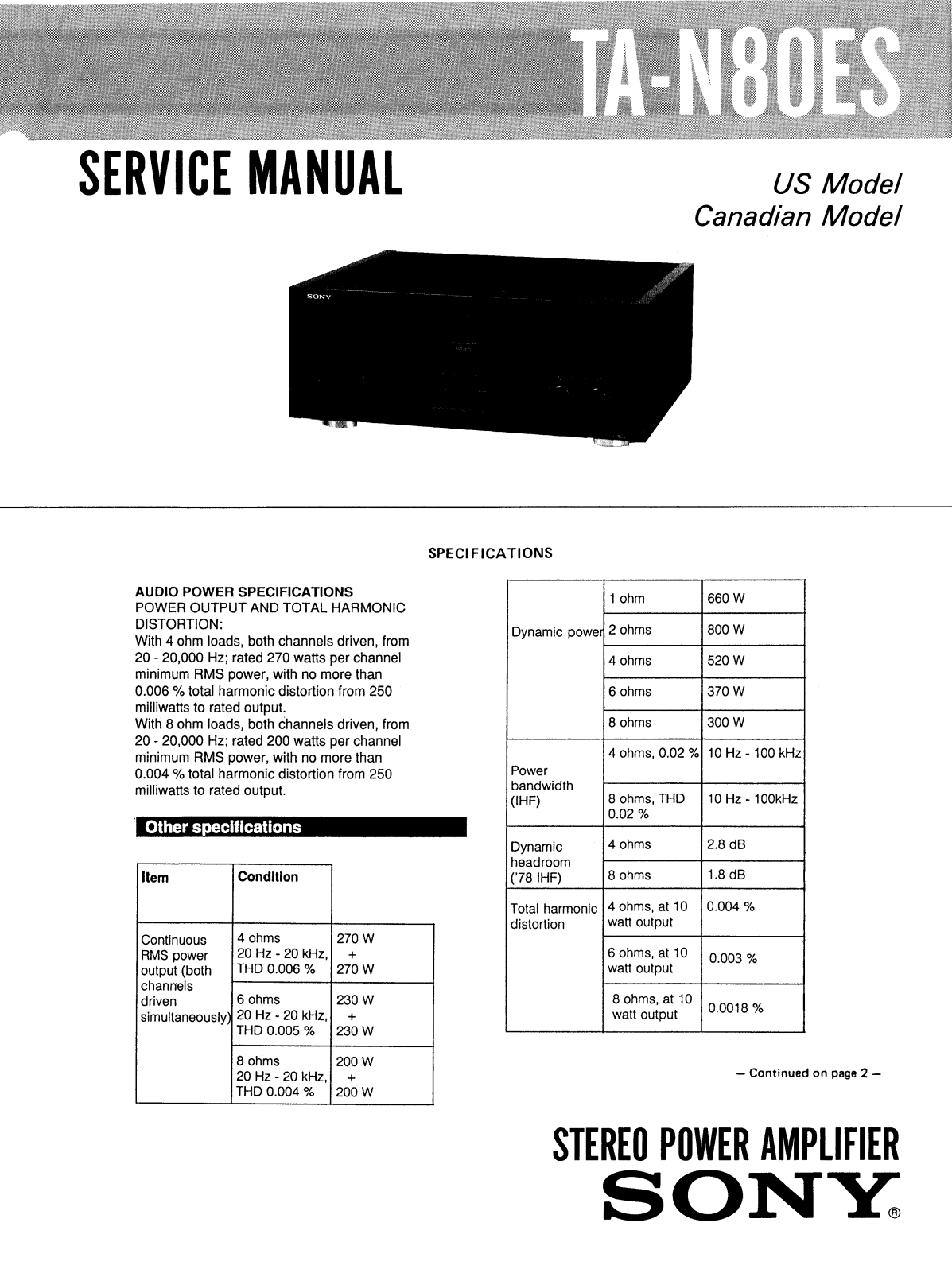 Sony TAN-80-ES Service manual