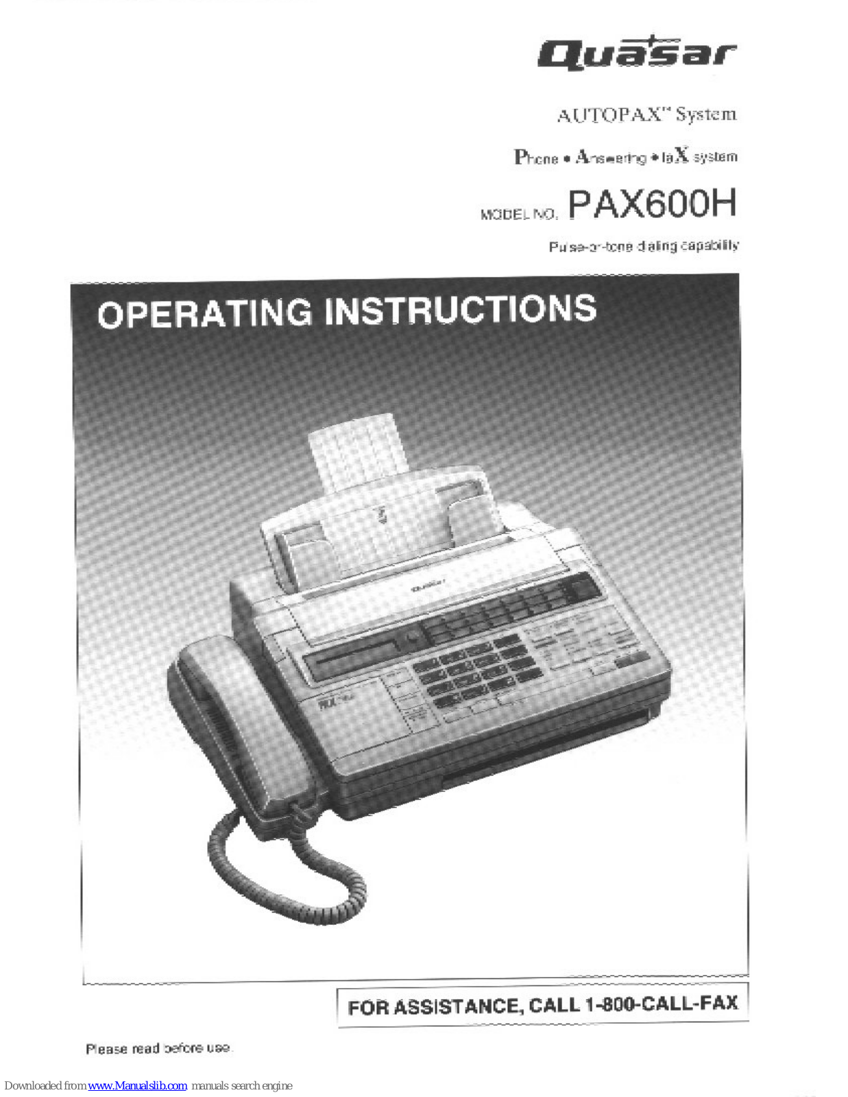 Quasar Autopax PAX600H, PAX600H - CONSUMER FACSIMILE User Manual