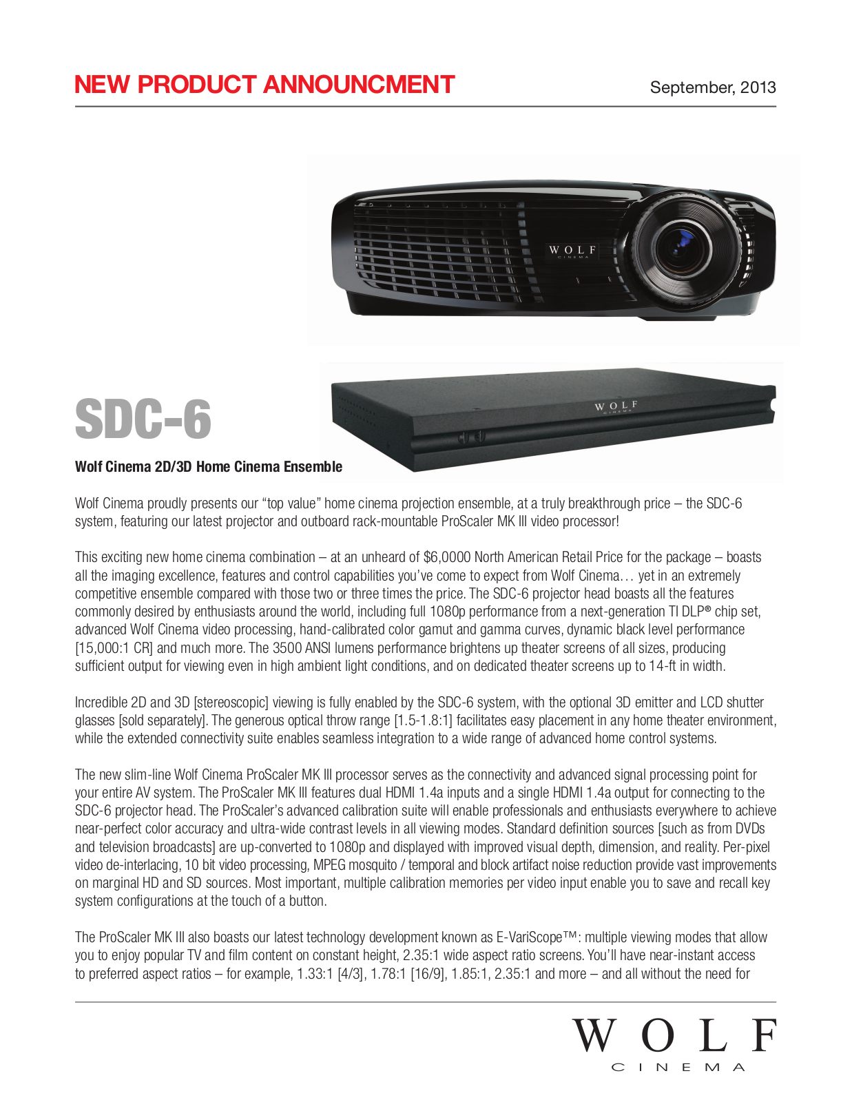 Wolf Cinema SDC-6 Product Sheet