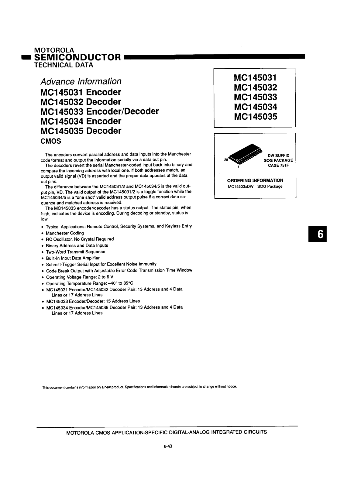Motorola MC145034DW, MC145035DW, MC145031DW, MC145032DW, MC145033DW Datasheet