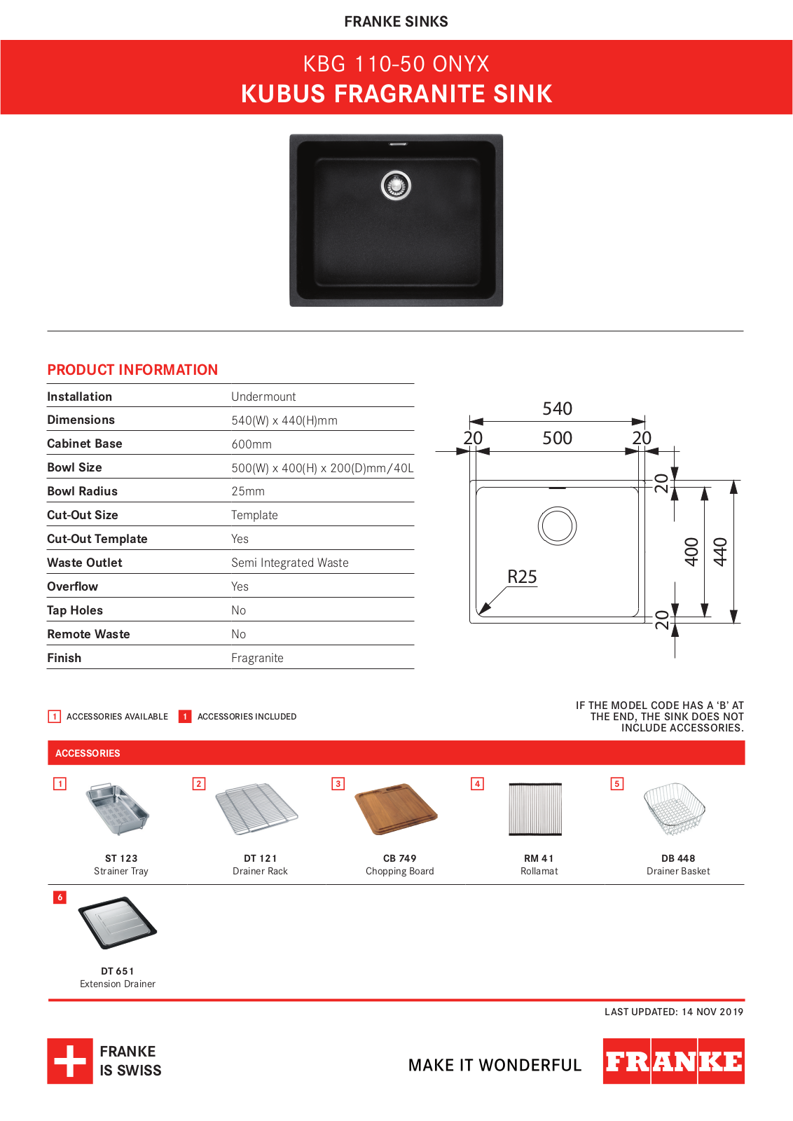 Franke KBG110-50-BONYX, KBG110-50ONYX Specifications Sheet